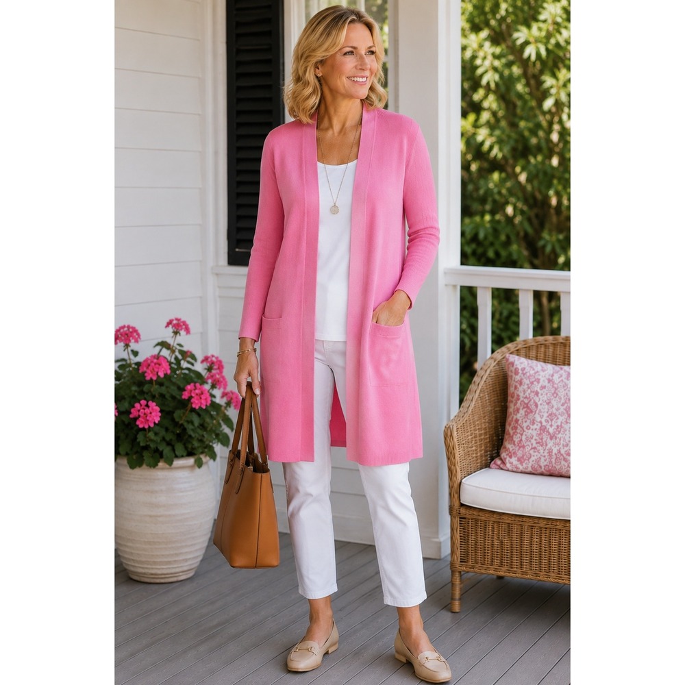 Talbots Women's Pima Cotton Open Front Duster Cardigan Pink Plus Petite 2XP